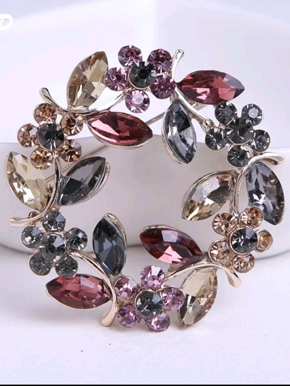 Vintage-Inspired Floral Crystal Wreath Brooch in Pink, Gray & Gold Tones NEW